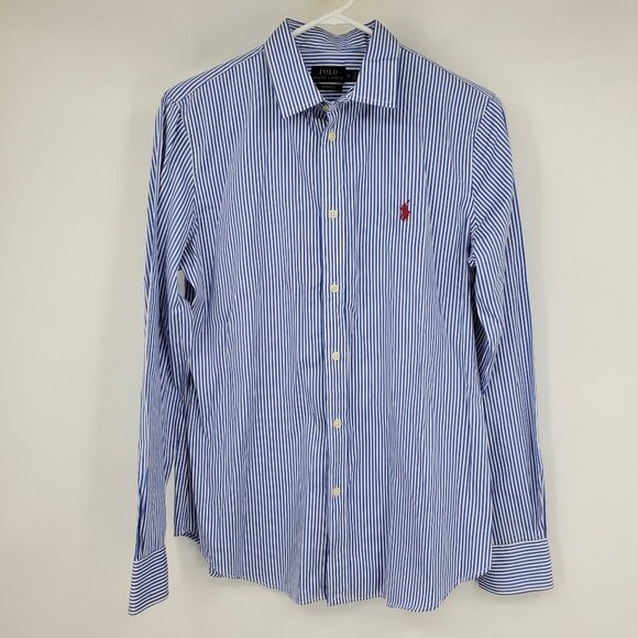 Polo Ralph Lauren Custom Fit Blue and White Striped Collared Button Up Shirt 12 - Picture 1 of 8